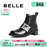 BeLLE 百丽 大方扣切尔西靴女商场同款牛皮粗跟短靴BP340DD2 黑色 35