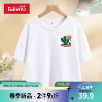 班尼路杏色短款短袖女2024夏季小个子纯棉t恤女宽松慵懒上装 白-仙人掌K L