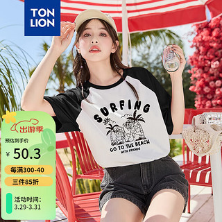 唐狮 TONLION女撞色插肩袖圆领短袖T恤TB 黑色 L