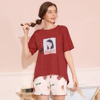 红豆100%纯棉睡衣女夏套装可爱学院风家居服短袖全棉套装夏天睡衣