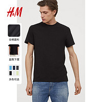 H&M 男装T恤夏季简约主义圆领男士短袖纯棉上衣纯色打底衫0685816 白色 175/108A