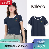 班尼路 咖色短袖T桖女2024夏季女撞色紧身圆领短T半袖慵懒上衣 白-仙人掌K M