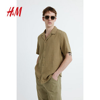 H&M男装上衣2024春季标准版型细棉布古巴领衬衫1158017 海军蓝 175/108A