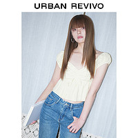 URBAN REVIVO UR2024春季女装甜美风抽褶系带短款V领罩衫衬衫UWL240022 粉白 S