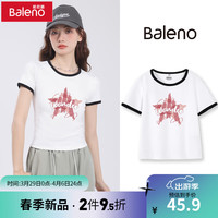 班尼路 T恤短袖美式复古上衣2024夏季撞色紧身圆领款女装夏款 黑-星星拼贴 L