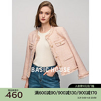 BASIC HOUSE/百家好粗花呢小香风外套女2024春季圆领粉色上衣 粉色 S