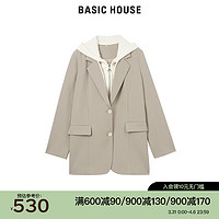 BASIC HOUSE/百家好女装设计感假两件外套连帽小众韩版西服女 卡其绿 L