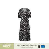 麦檬MM24夏水印印花工艺修身V领连衣裙5F4192011 特黑 160/84A/M
