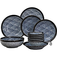 美浓烧 釉下彩家用海波纹复古日式料理碗盘碟组合餐具套装