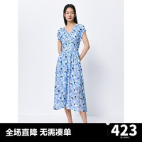 太平鸟女装法式度假碎花裙2024夏V领收腰连衣裙显瘦长款裙子 蓝色纹样 S