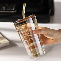 茶迷（chami）简约极光玻璃吸管杯 棕色带盖+吸管 450ml