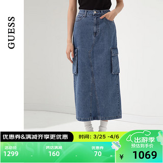 GUESS 24年夏季女士时尚半身长裙口袋工装牛仔裙-YO6D1576 DBL-牛仔蓝 24