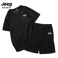 JEEP SPIRIT 吉普 JEEP 运动套装男夏季薄款短袖T恤套装宽松休闲两件套 BM2201 黑色 XL