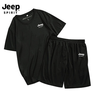 JEEP SPIRIT 吉普 JEEP 运动套装男夏季薄款短袖T恤套装宽松休闲两件套 BM2201 黑色 XL