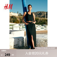 H&M女装半身裙2024夏季亚麻混纺中腰直筒简约半身长裙1215360 黑色 155/60A 32
