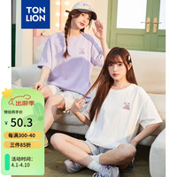 唐狮 TONLION短袖T恤女左胸线条图案圆领宽松上衣 浅紫 XL