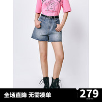太平鸟高腰酷美磨破牛仔短裤2024年夏季A字阔腿牛仔短裤子女 牛仔蓝 M