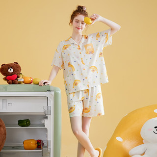 芬腾睡衣女纯棉【布朗熊IP】2024年夏季薄款舒适翻领短袖家居服套装
