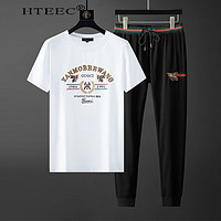 HTEEC香港潮牌套装男青年小蜜蜂字母刺绣夏季男士短袖t恤长裤运动两件套 白色 L