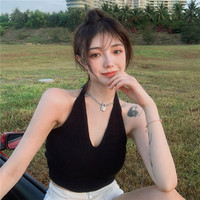 森罗慕彤 法式小吊带设计感小众外穿短款欧美内搭夏季V领挂脖上衣女辣妹背心美背 黑色