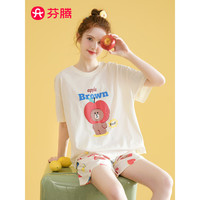 FENTENG 芬腾 睡衣女士2024年夏季圆领短袖套头英文家居服套装 米色 M