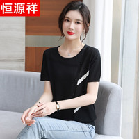恒源祥中年夏装洋气冰丝针织短袖T恤中老年女装时尚遮肚小衫上衣服 黑色 165/88A(L)【105-120斤】