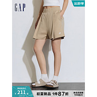 Gap女装2024夏季弹力打褶刺绣logo短裤宽松运动休闲裤876149 卡其色 160/62A(S)亚洲尺码