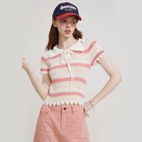 A02 条纹镂空针织衫女夏季宽松显瘦短款上衣休闲百搭短袖小衫
