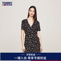 TOMMY JEANS24春季女装复古轻薄交叉裹胸式V领修身碎花连衣裙17941 黑色印花0GR XS