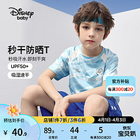 迪士尼运动集结令男童速干防晒慢跑短袖T恤 蓝色科技斜条 150