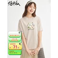 佐丹奴联名T恤女纯棉减龄田园风花朵印花短袖体恤女99394107 25浅卡其 M