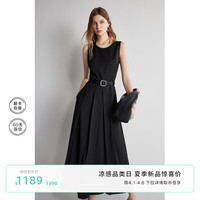 欧时力 a字无袖连衣裙2024新夏长款小黑裙白裙腰带 黑色 S