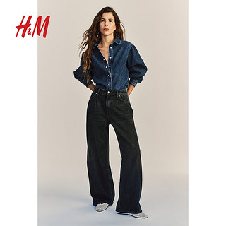 H&M2024春夏女装灯笼袖牛仔衬衫1228348 深牛仔蓝 155/80A