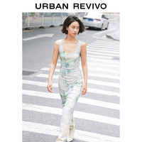 URBAN REVIVO 女士薄荷曼波风收褶U领修身连衣裙 UWG740059 白绿印花 XL