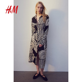 H&M2024夏季亚麻衬衫式连衣裙1216689 黑色/图案 170/104A L