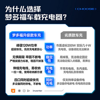 梦多福 带线车载充电器100w超级快充一拖三多功能汽车充电器点烟器转换器