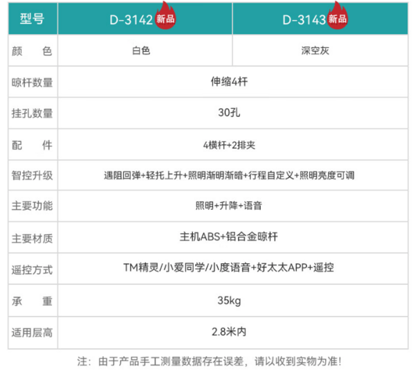 PLUS会员：HOTATA 好太太 D-3142 白魔方智能晾衣机 大屏照明+语音