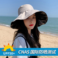 酒风学长日本黑胶防晒帽子女夏季可折叠大帽檐遮阳渔夫帽防紫外线uv太阳帽 奶昔米白 可调节收藏加购