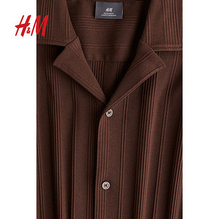 H&M男装衬衫2024春季时尚罗纹古巴领美拉德短袖上衣1220322 棕色 170/92A
