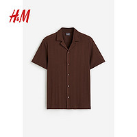 H&M男装衬衫2024春季时尚罗纹古巴领美拉德短袖上衣1220322 棕色 175/108A