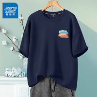 JEANSWEST 真维斯 纯棉t恤男士夏季宽松休闲短袖男装潮流男女同款半袖上衣服 藏青 彩色涂鸦_K L