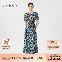 朗姿/LANCY2024夏季短袖修身碎花连衣裙女气质高级感长款裙子 夜幕黑色 S