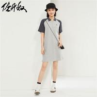 佐丹奴女装纯棉针织绣花撞色插肩POLO连衣裙05464457 03中花灰 S