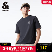 杰克琼斯 杰克·琼斯（JACK&JONES）男装短袖男潮男百搭休闲纯棉直筒圆领礼帽图案短袖T恤男夏季衣服 E40 水泥灰 常规 E40 水泥灰 175/96A/M