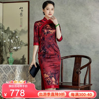 玺玥真丝弹力缎旗袍19姆米春装复古中国风高端婚庆宴会晚礼服 红色 L