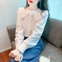 叶紫枫(YEZIFENG)长袖衬衫女春季韩版娃娃领荷叶边雪纺衫衬衫甜美女士上衣小衫 白色 L