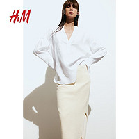 H&M2024春季女士休闲时尚潮流简约风套头式亚麻衬衫1219139 白色 155/80A XS