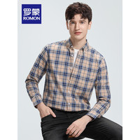 罗蒙纯棉长袖衬衫男2024春季商务休闲百搭易打理衬衣男 黄格 42