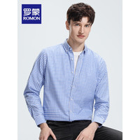 罗蒙纯棉长袖衬衫男2024春季商务休闲百搭易打理衬衣男 蓝白格 45