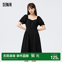 Semir 森马 连衣裙女浮雕肌理泡泡袖浪漫夏2023新款气质绑带方领短裙甜酷